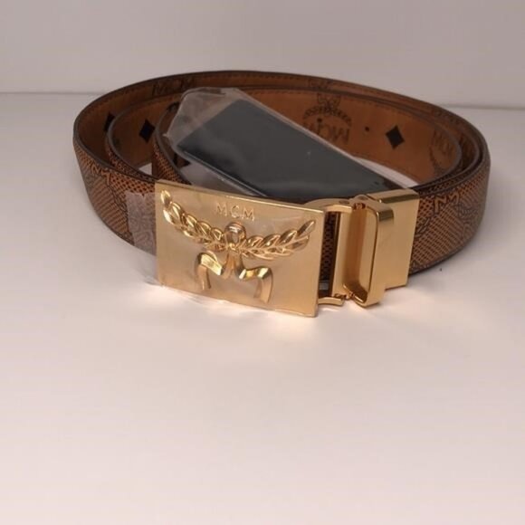 New Authentic MCM Garland Plaque Buckle Print Belt in 24K Gold Plating - Picture 5 of 12